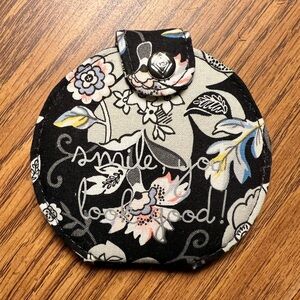 Vera Bradley pocket/purse mirror black, grey, white, snap “Smile you look good”